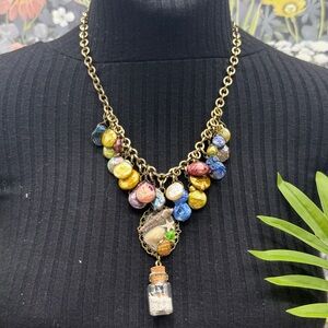 👑Adorned Crown Jewelry assemblage Pearl seascape bottle of sand shells necklace